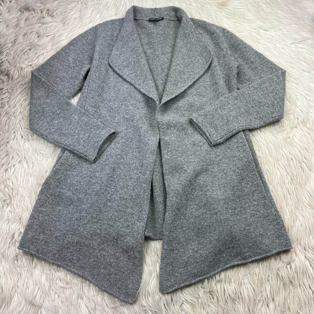 Eileen Fisher Women's S Gray Draped Open‎ Front Cardigan Pockets 100% Wool